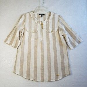 Ellen Tracy Womens Top Size S 100% Linen Roll Tab Sleeve  Pockets Tan Blouse